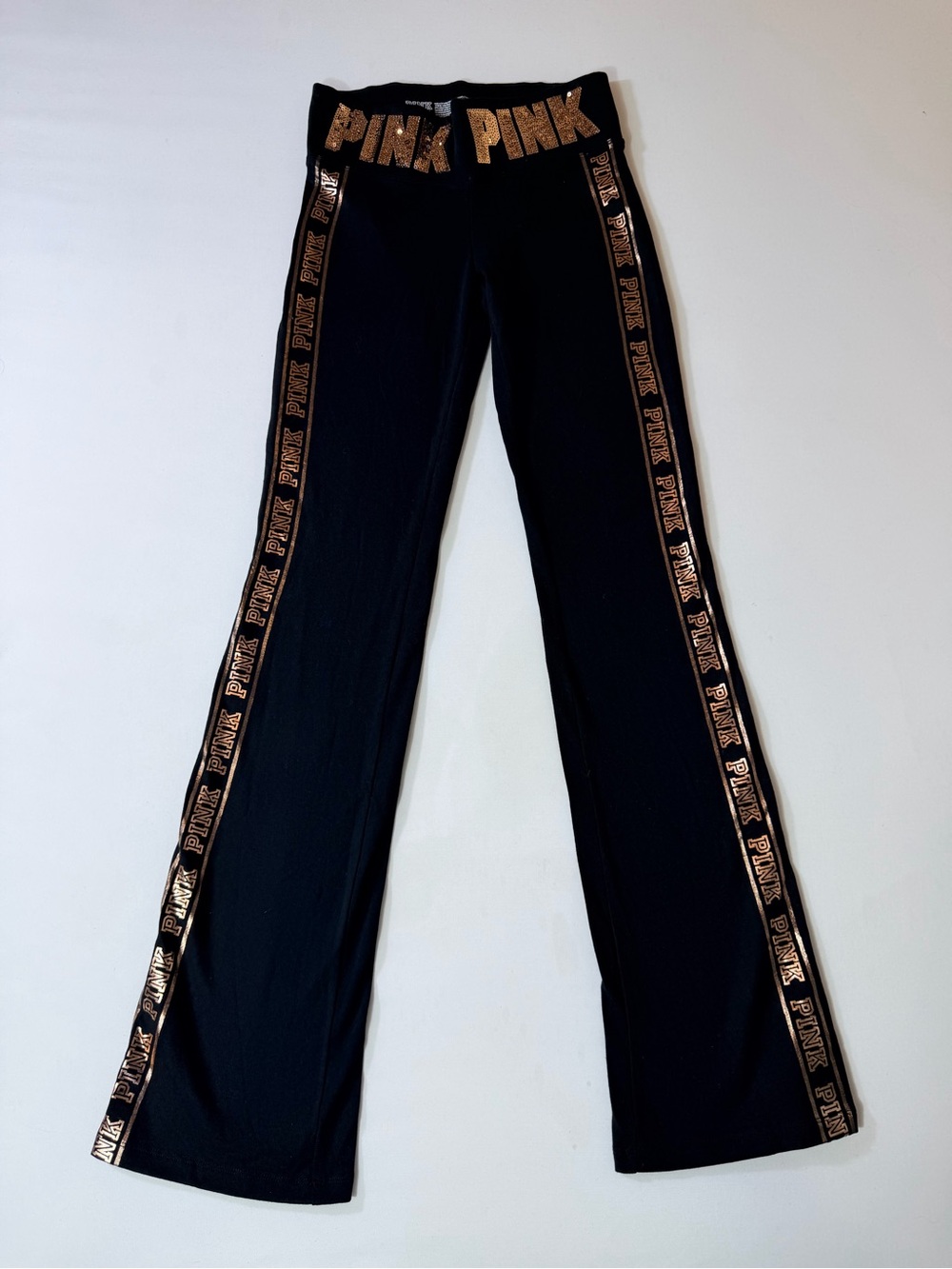 PINK Victoria's Secret Black Flare Pants with Gold Logo Trim Sz XS